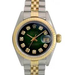 ROLEX DATEJUST LADIES TWO-TONE GOLD & STEEL GREEN VIGNETTE DIAMOND DIAL WATCH