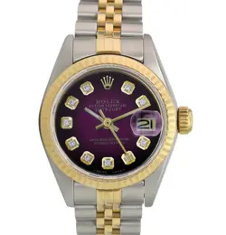 ROLEX DATEJUST LADIES TWO-TONE GOLD & STEEL PURPLE VIGNETTE DIAMOND DIAL WATCH