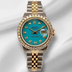 ROLEX LADIES DATEJUST 26MM 18K YELLOW GOLD/STEEL 2CT DIAMONDS ICE-BLUE DIAL