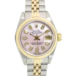 ROLEX DATEJUST LADIES TWOTONE GOLD STEEL PINK MOTHER OF PEARL BAGUETT DIAL WATCH