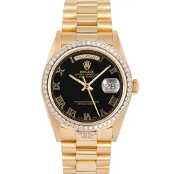 ROLEX DAY-DATE 18238 PRESIDENT 18K GOLD 36MM BLACK ROMAN DIAL DIAMOND BEZEL-B&P