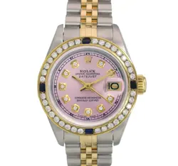 ROLEX DATEJUST LADIES TWOTONE GOLD STEEL PINK DIAL DIAMOND-SAPPHIRE .90CTS WATCH