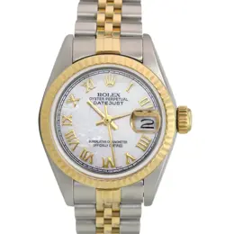ROLEX DATEJUST LADIES TWO-ONE GOLD STEEL WHITE MOTHER OF PEARL ROMAN DIAL WATCH