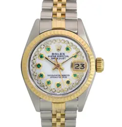 ROLEX DATEJUST LADIES TWO-TONE GOLD & STEEL WHITE MOP DIAMOND EMERALD DIAL WATCH
