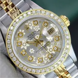 ROLEX DATEJUST LADIES TWO-TONE GOLD STEEL SILVER FLORAL DIAMOND JUBILEE WATCH
