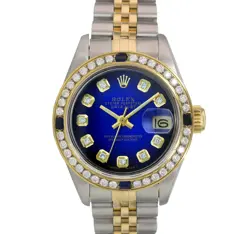 ROLEX DATEJUST LADIES TWOTONE GOLD STEEL BLUE VIGNETTE DIAL DIAMOND .90CTS WATCH