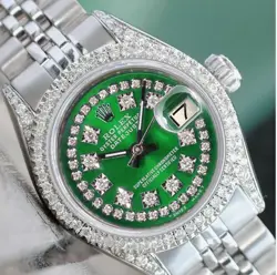 ROLEX DATEJUST LADIES STAINLESS STEEL GREEN DIAL 1.50CTW DIAMOND WATCH 26MM