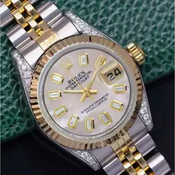 ROLEX DATEJUST LADIES TWO-TONE GOLD STEEL PINK MOTHER OF PEARL DIAMOND BAGUETTE