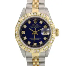 ROLEX DATEJUST LADIES TWO-TONE WATCH GOLD STEEL BLUE DIAL PYRAMID BEZEL JUBILEE