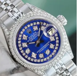 ROLEX DATEJUST WOMENS STAINLESS STEEL BLUE DIAL 1.50CT DIAMOND JUBILEE WATCH