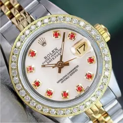 ROLEX DATEJUST LADIES TWO-TONE GOLD STEEL WHITE MOTHER OF PEARL RUBY WATCH 26MM