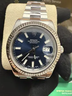 ROLEX MEN DATEJUST II 116334 STEEL 41MM OYSTER BLUE STICK DIAL 18K FLUTED BEZEL