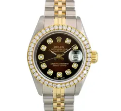 ROLEX DATEJUST LADIES TWO-TONE GOLD STEEL BROWN VIGNETTE DIAL 1.00CT BEZEL WATCH
