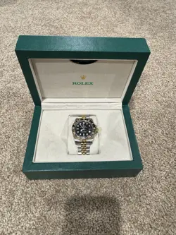 ROLEX GMT MASTER II 16713 BLACK DIAL 18K YELLOW GOLD STAINLESS STEEL BOX PAPER