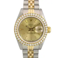 ROLEX DATEJUST LADIES TWO-TONE GOLD STEEL CHAMPAGNE INDEX 1.00CT BEZEL WATCH