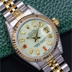 ROLEX DATEJUST LADIES TWO-TONE GOLD STEEL WHITE MOTHER OF PEARL DIAMOND BAGUETTE