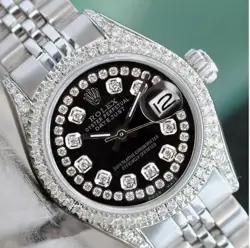 ROLEX DATEJUST WOMENS STAINLESS STEEL BLACK DIAL 1.50CT DIAMOND JUBILEE WATCH