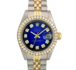 ROLEX DATEJUST LADIES TWOTONE GOLD SS BLUE VIGNETTE DIAL & BEZEL 1.00CT WATCH