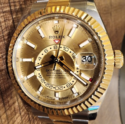 ROLEX SKY-DWELLER WATCH 326933 AUTOMATIC STEEL GOLD 42MM CHAMPAGNE DIAL