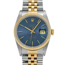 ROLEX DATEJUST 16233 E BLUE DIAL 36MM MENS WATCH, 1990S USED