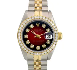 ROLEX DATEJUST LADIES TWOTONE GOLD SS RED VIGNETTE DIAL & BEZEL 1.00CT WATCH
