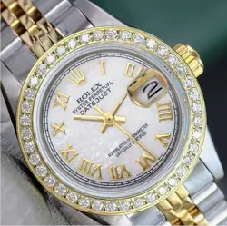 ROLEX DATEJUST LADIES TWO-TONE GOLD STEEL WHITE MOTHER OF PEARL ROMAN WATCH 26MM