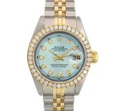 ROLEX DATEJUST LADIES TWO-TONE GOLD STEEL ICE BLUE DIAL & BEZEL 1.00CT WATCH