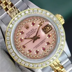 ROLEX DATEJUST LADIES TWOTONE GOLD STEEL PINK MOTHER OF PEARL DIAMOND RUBY WATCH