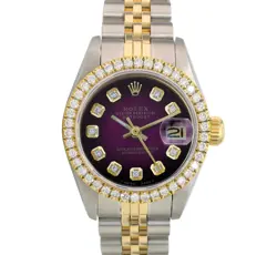 ROLEX DATEJUST LADIES TWOTONE GOLD SS PURPLE VIGNETTE DIAL & BEZEL 1.00CT WATCH