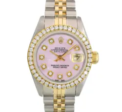 ROLEX DATEJUST LADIES TWO-TONE PINK MOTHER OF PEARL DIAL 1.00CT BEZEL WATCH 26MM