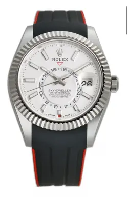 ROLEX SKY-DWELLER 326934 WHITE DIAL 42MM STAINLESS STEEL ON BLACK & RED STRAP