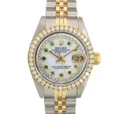 ROLEX DATEJUST LADIES TWO-TONE WHITE MOP DIAMOND EMERALD DIAL 1.00CT WATCH 26MM
