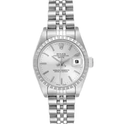 ROLEX DATE SILVER DIAL ENGINE TURNED BEZEL STEEL LADIES WATCH 79240