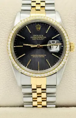 ROLEX DATEJUST 16003 36MM DIAMOND BEZEL BLACK TAPESTRY DIAL STEEL 18K GOLD