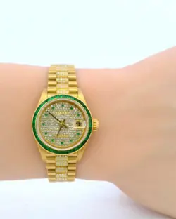 Rolex 69108 18K Yellow Gold Emerald Bezel Pave Dial & Emerald Markers Pave Links