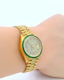 Rolex 69108 18K Yellow Gold Emerald Bezel Pave Dial & Emerald Markers Pave Links