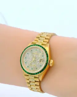 Rolex 69108 18K Yellow Gold Emerald Bezel Pave Dial & Emerald Markers Pave Links
