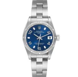 ROLEX DATE BLUE DIAL ENGINE TURNED BEZEL STEEL LADIES WATCH 79190