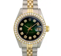 ROLEX DATEJUST LADIES TWOTONE GOLD SS GREEN VIGNETTE DIAL & BEZEL 1.00CT WATCH