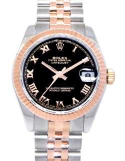 ROLEX DATEJUST 18K ROSE GOLD/STEEL BLACK ROMAN DIAL LADIES 31MM WATCH D 178271