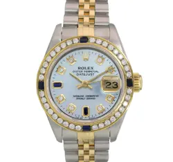 ROLEX DATEJUST LADIES TWO-TONE GOLD STEEL ICE BLUE 8+2 DIAL DIAMOND BEZEL WATCH