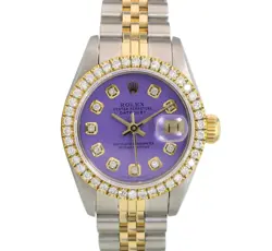 ROLEX DATEJUST LADIES TWO-TONE GOLD STEEL LAVENDER DIAL 1.00CT BEZEL WATCH 26MM