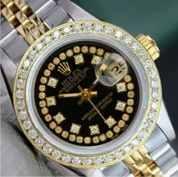 ROLEX DATEJUST LADIES TWO-TONE GOLD STEEL BLACK STRING DIAMOND DIAL WATCH 26MM