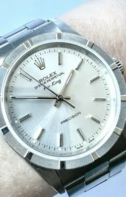 ROLEX MENS AIR-KING WATCH 34MM SILVER DIAL SMOOTH BEZEL OYSTER W/ BOX & PAPER