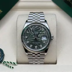 ROLEX DATEJUST 36 GREEN PALM MOTIF DIAMOND DIAL STAINLESS STEEL JUBILEE BRACELET