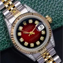 ROLEX DATEJUST WOMENS TWO-TONE GOLD STEEL RED VIGNETTE DIAL REAL DIAMONDS WATCH