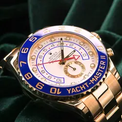 ROLEX YACHT-MASTER II WHITE BLUE CERAMIC BEZEL YELLOW GOLD MINT FULL SET 116688