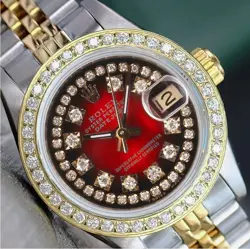 ROLEX DATEJUST LADIES TWO-TONE GOLD STEEL RED VIGNETTE STRING DIAMOND DIAL WATCH