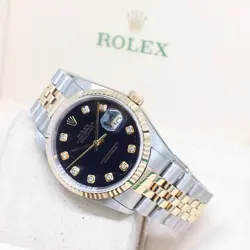ROLEX 36MM 18K HALF YELLOW GOLD BLACK BIG DIAMONDS DIAL DATEJUST REF: 16233 (T)