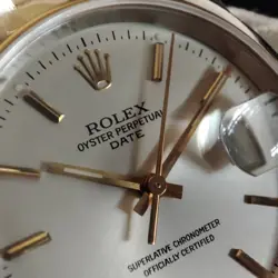 VINTAGE ROLEX DATE 34MM TWO TONE 18K GOLD SILVER DIAL WATCH AND PAPERS REF#15203